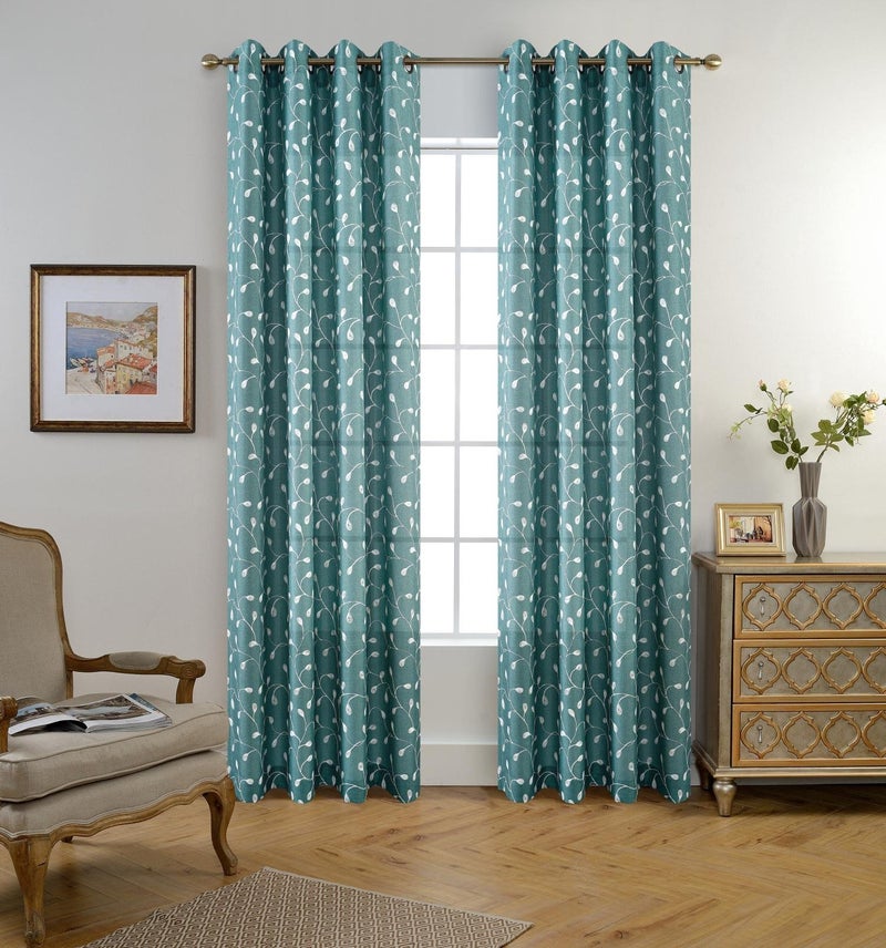 MIUCO Floral Embroidered Semi-Sheer Curtains Faux Linen Grommet Curtains for Living Room 52 x 84 Inch 2 Panels Set, Teal - Image 2